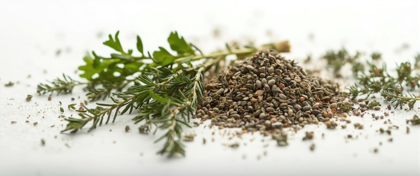 Culinary dried herbs mix featuring rosemary, parsley, and thyme on a clean white backdrop