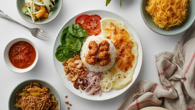 Culinary presentation of Khao Kluk Kapi shrimp paste rice with fried omelette and Thai vegetable sides on white backdrop