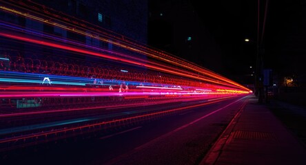 Fototapeta premium Colorful neon light streaks creating dynamic movement in a dark urban setting
