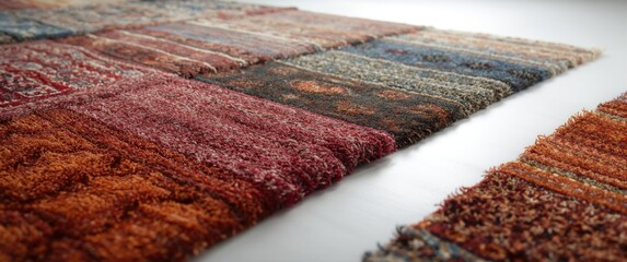 Fototapeta premium Colorful carpet swatches displayed on clean white backdrop