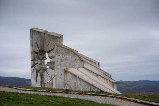 Memorial monument complex on mountain Kadinjača soldiers of worker battalion from World War 2, near Užice in southern Serbia