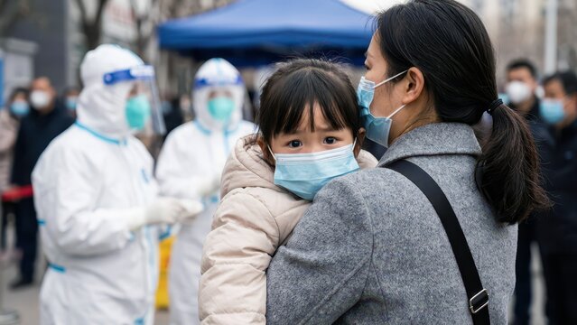 Mother carrying child wearing face masks during community health emergency response with healthcare workers supporting public safety and vulnerable populations