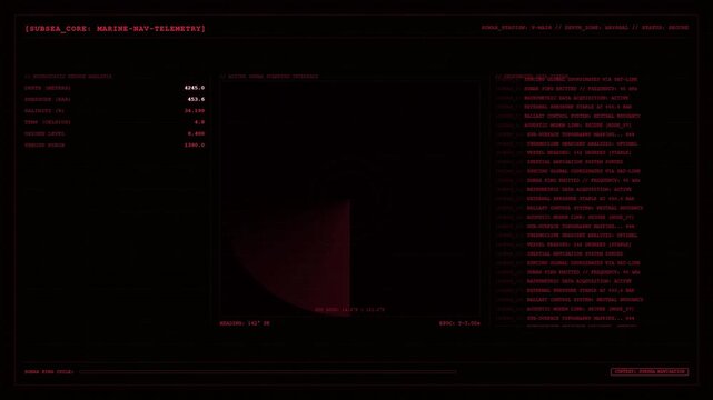 Futuristic Subsea Core Marine Navigation Telemetry Sonar HUD Dashboard Screen Display.