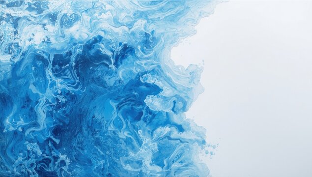 Expressive electric blue and white painting capturing fluid water movement on canvas