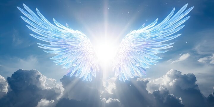 Glowing celestial angel wings radiating pure white light atop a tranquil sky banner with copy space