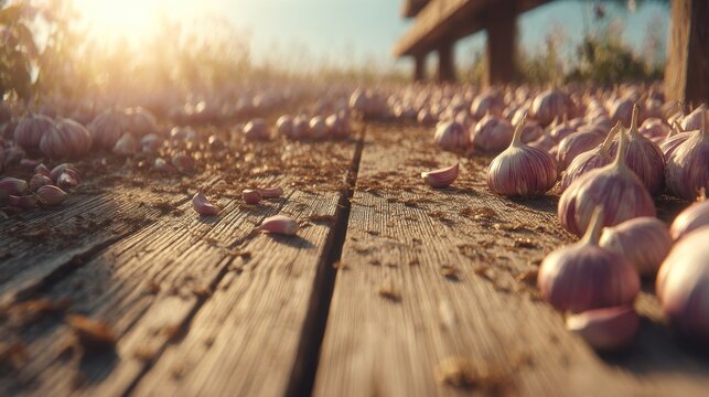Numerous bulbs of purple-tinged garlic cure in the bright sunlight on rough wooden planks.