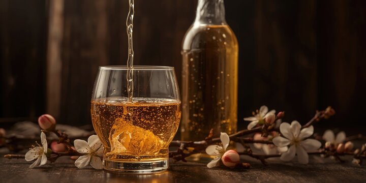 Hard cider poured into a glass next to a plain bottle and fragrant apple blossom twigs