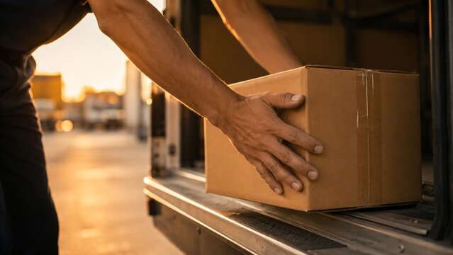 Courier loading cardboard box onto conveyor belt at warehouse. Logistics worker preparing parcel for shipment. Distribution center delivery service technology. Professional freight transport.