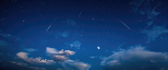 Fototapeta premium Colorful night atmosphere displaying a deep navy backdrop with multiple shooting stars passing through light clouds