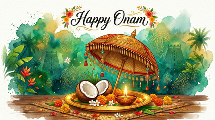 Obraz premium Happy Onam Festival Watercolor Greeting with Traditional Kerala Umbrella Coconut and Floral Decor