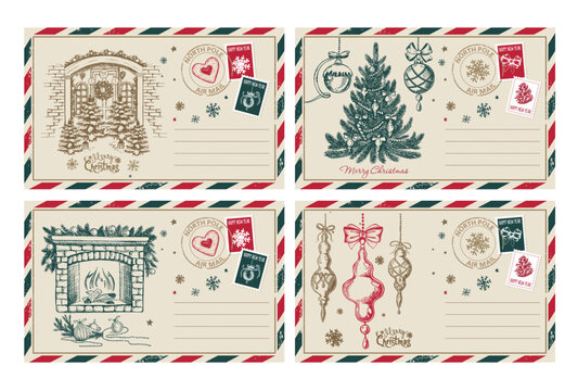 Vintage Christmas Postcard set with Holiday Ornaments and Stamps	
