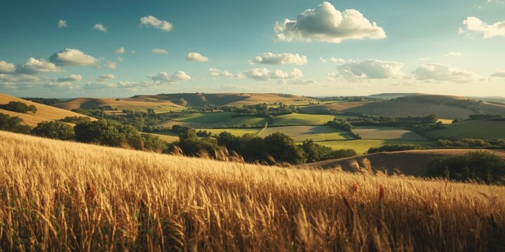 Gentle countryside scenery with layered fields and soft grass textures