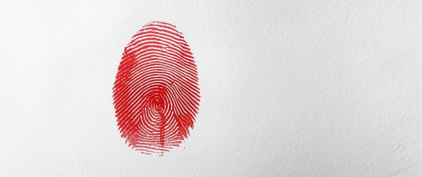 Forensic dactyloscopy showing blood stained thumbprint on plain white background