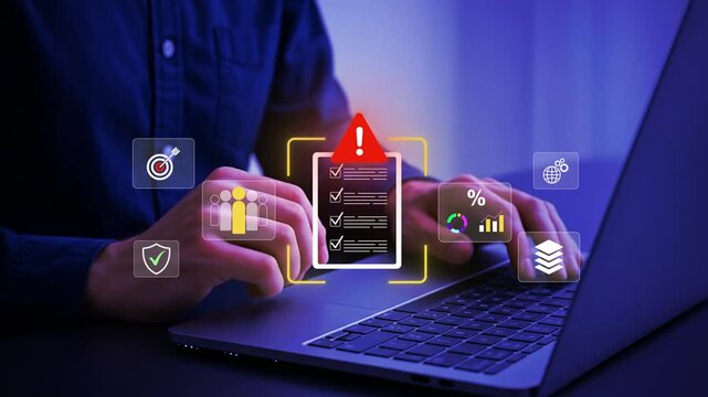 Digital Compliance Checklist and Risk Assessment concept with businessman reviewing online documents on laptop, audit management, cybersecurity standards, risk assessment, data protection, and corpora
