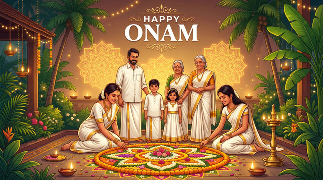 Happy Onam Family Celebration with Floral Pookalam Traditional Kerala Attire and Festive Courtyard
