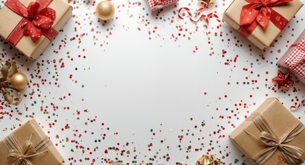 Obraz premium Festive Christmas gift box on white table with colorful confetti and decorative accents top down view with copy space