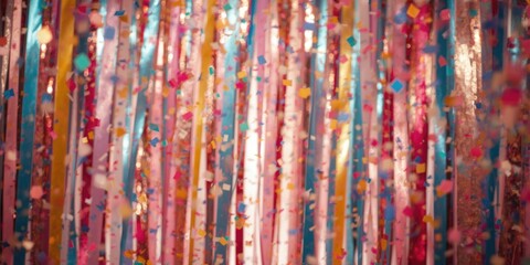 Obraz premium Colorful celebration backdrop featuring shimmering ribbons and confetti ideal for festive events