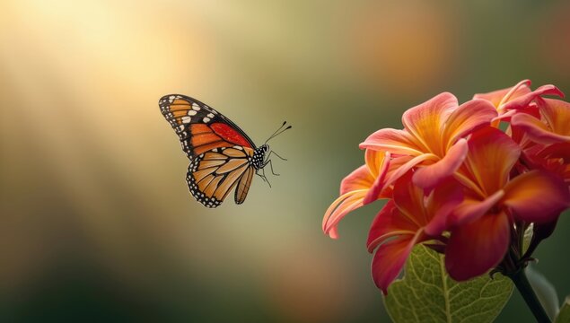Clown butterfly captured mid flight near bright tropical flowers