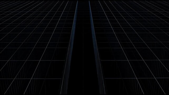 Glowing blue laser lines forming a symmetrical perspective grid on a dark infinite surface area