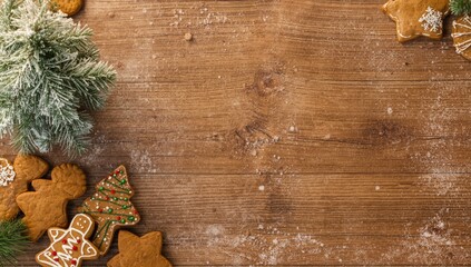 Obraz premium Flat overhead shot of wooden table featuring frosted fir tree and seasonal gingerbread cookies with space for festive messages