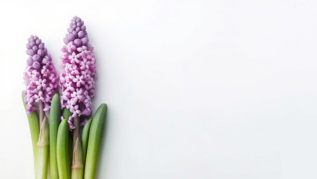Fresh purple hyacinth bean flowers standing out on a bright white minimalist background