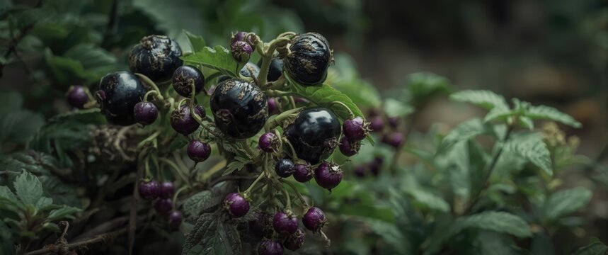 Cluster of toxic Atropa belladonna fruits growing in natural environment