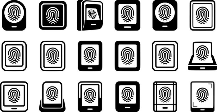 Fingerprint Scanner Device Icon Set Featuring Biometric Readers Mobile Authentication Access Control and Digital Identity Verification Vector Collection