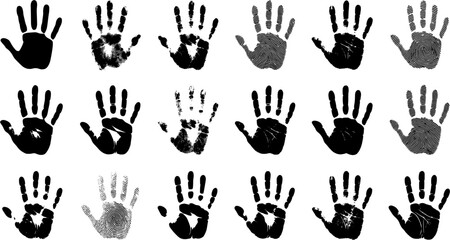 Fototapeta premium Handprint and Fingerprint Texture Collection Featuring Black Palm Prints Forensic Biometrics Identity Security and Grunge Ink Impressions