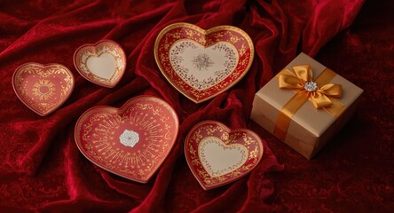 Obraz premium Festive heart shaped plates arranged on a holiday table with red backdrop and wrapped gift box