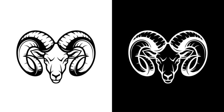 Monochrome Ram Head Illustration with Intricate Horn Details.