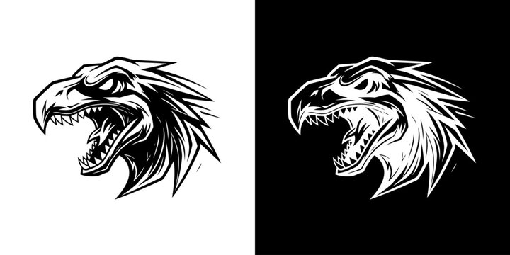 Monochrome Raptor Head Illustration - Aggressive Bird of Prey Design.