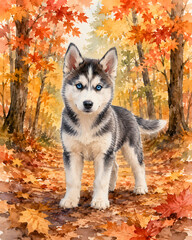 Obraz premium Watercolor Illustration of a Siberian Husky Puppy Standing in an Autumn Forest with Colorful Fallen Leaves