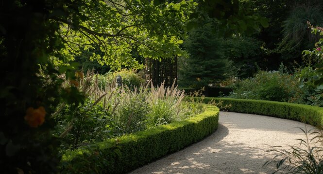 Detailed view of a summer garden walk in a lush Parc Mauresque setting