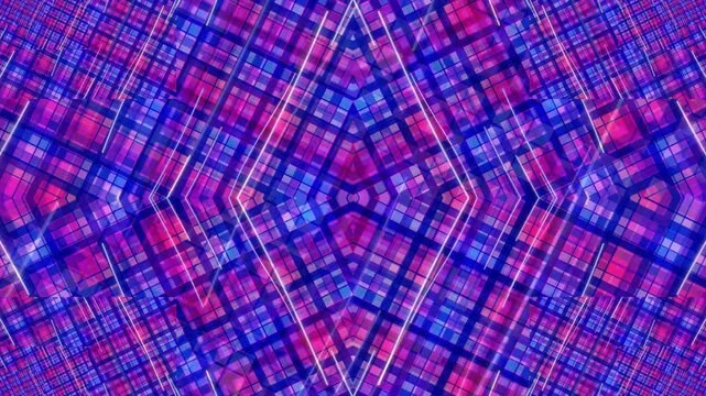 Vibrant purple and pink plaid pattern with geometric shapes