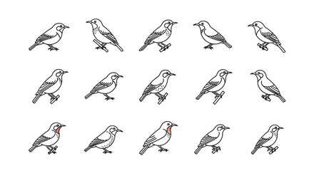 Obraz premium Row of bird illustrations in black and white with red accents vector style