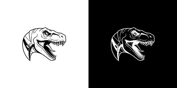 Monochrome Tyrannosaurus Rex Head Illustration on Contrasting Backgrounds.