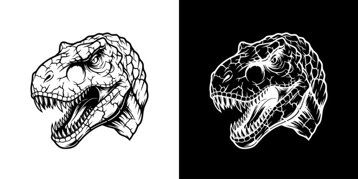 Monochrome Tyrannosaurus Rex Head Illustration on Contrasting Backgrounds.