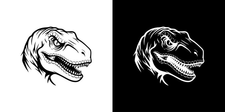 Monochrome Tyrannosaurus Rex Head Illustration on Contrasting Backgrounds.