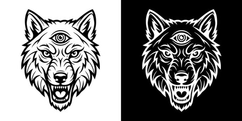 Obraz premium Monochrome Wolf Head with Third Eye Illustration.