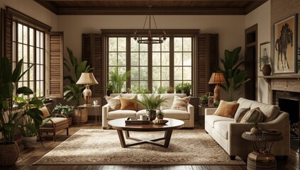 Fototapeta premium Elegant farmhouse living room in boho design with dark wooden shutters and indoor potted greenery