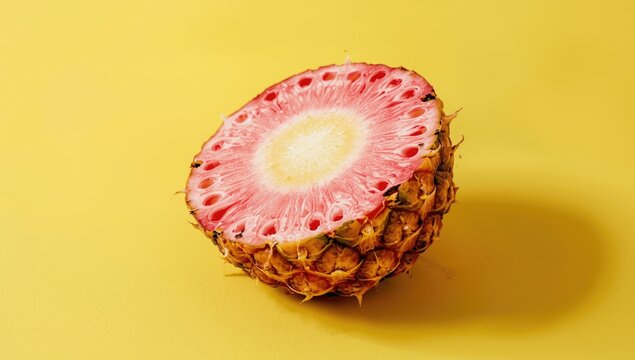Contemporary food art with pink pineapple against bright yellow backdrop
