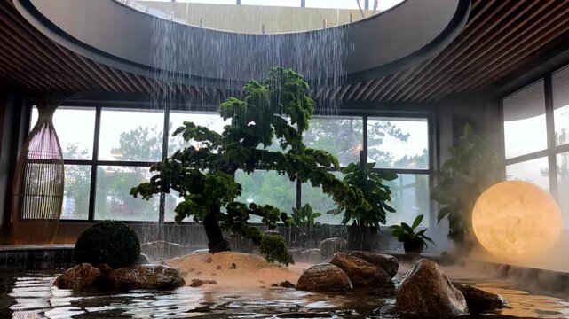luxury zen spa interior with bonsai tree and rainfall water