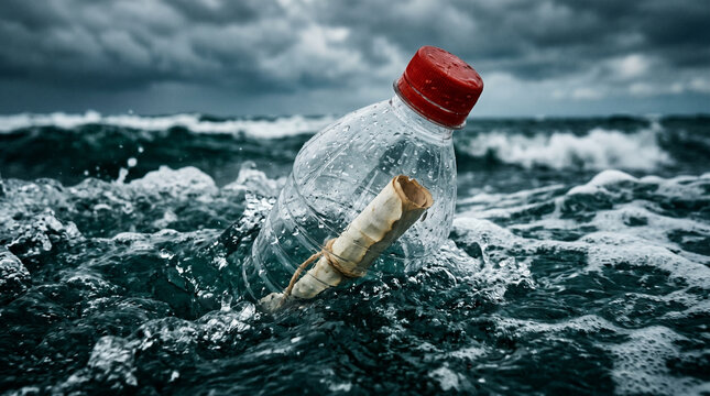 A clear plastic bottle containing a rolled paper message floating in the rough dark ocean waves