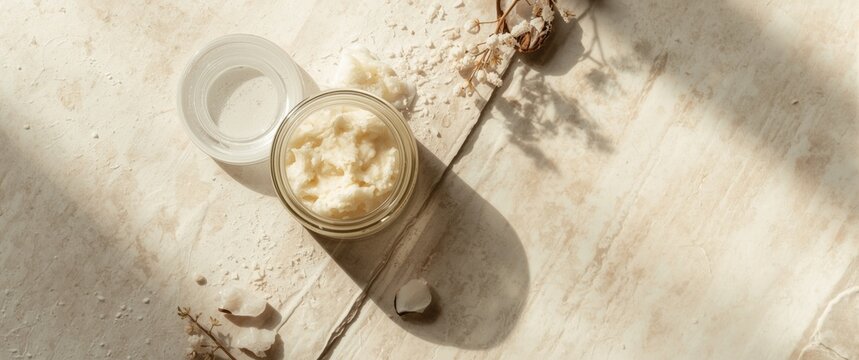 Flat lay image of spa exfoliating scrub with coconut oil and sugar in jar on stone texture