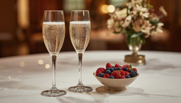 Glasses of champagne sparkling next to a bowl of fresh berries displayed on a dining table
