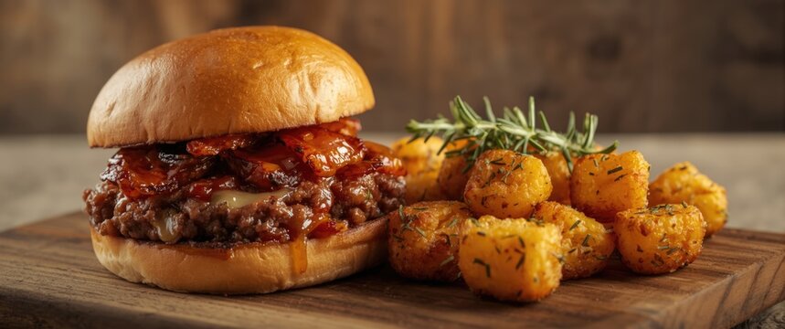 Flavorful bacon jam burger complemented by crunchy rosemary potato tots