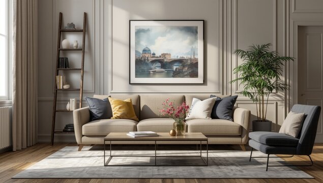 Decorative ladder piece complementing modern sofa setup in elegant living room