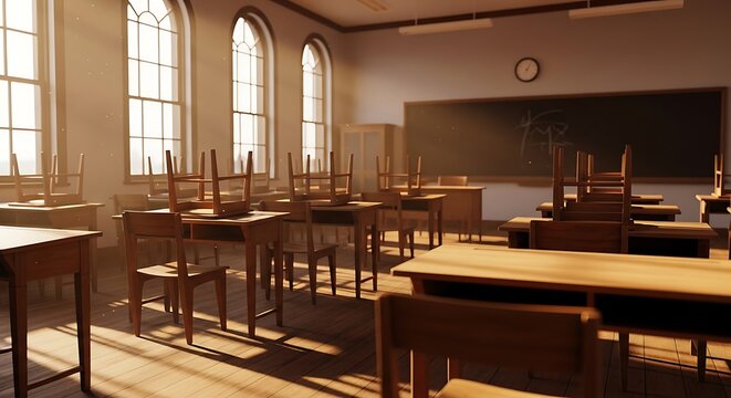 Empty school classroom with wooden desks and chairs on hardwood floor