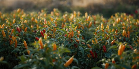 Fototapeta premium Garden full of ripe chili peppers showcasing natural plant growth