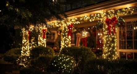 Obraz premium Festive home decorated with sparkling holiday lights and lush evergreen foliage